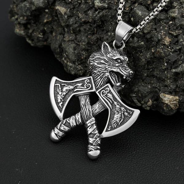 Vintage Vikings-Halskette mit Doppelaxt-Anhänger, 316L Edelstahl, verblasst nicht, klassische Wolfskopf-Halsketten, nordischer Schmuck